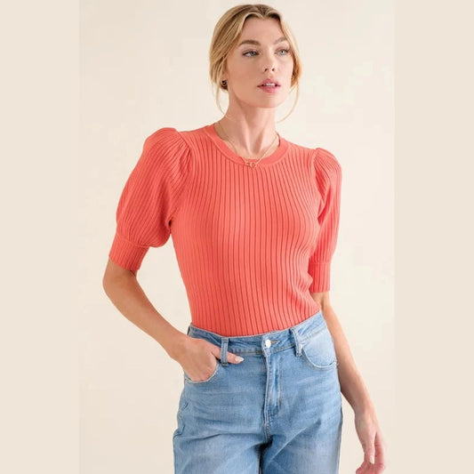 And The Why Puffed Half Sleeve Rib Basic Bodysuit