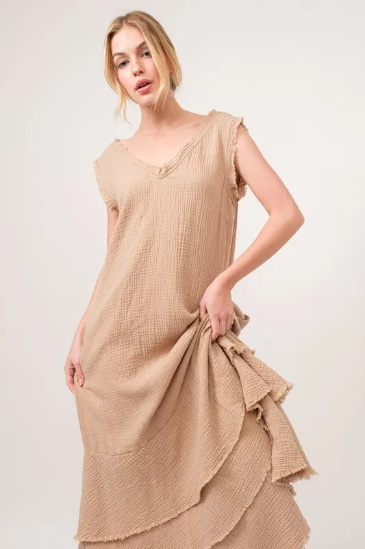 And The Why Washed Cotton Gauze Fringe Detail Tiered Dress