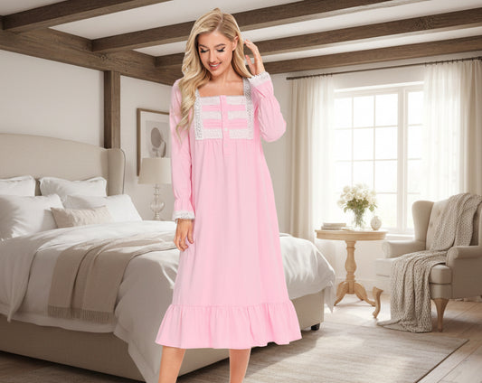 Lace Detail Square Neck Flounce Sleeve Night Dress