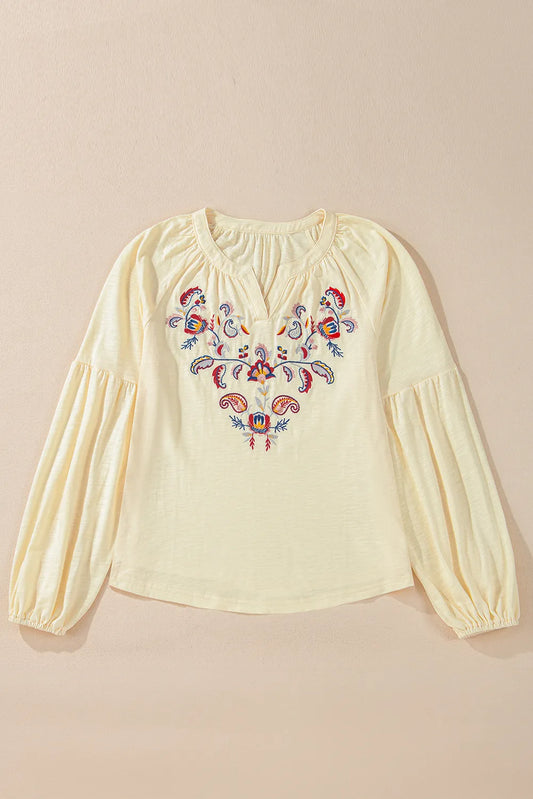 Embroidered Butter Notched Long Sleeve Blouse