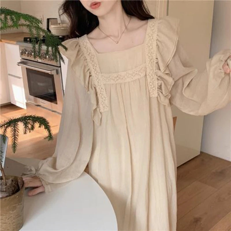 Lace Nightgown Sleepwear Women Korean Ruffles Night Dress Spring One Piece Pajamas Long Sleeve Square Collar Home Wear 2025 New