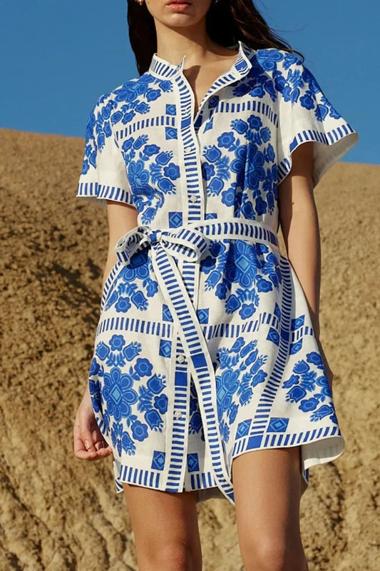 Printed Tie Waist Short Sleeve Dress
