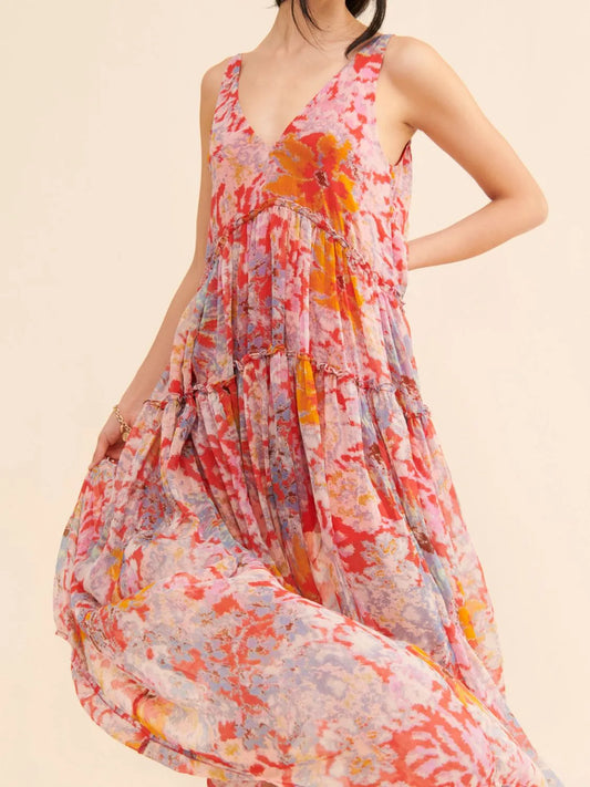 Printed V-Neck Sleeveless Dress