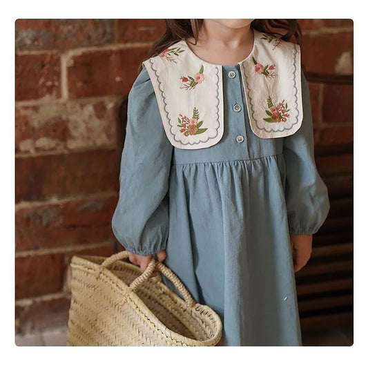 French Lapel, Girls Embroidered Dress