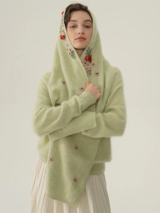 Annette Cashmere Sweater & Scarf Set, Matcha Green