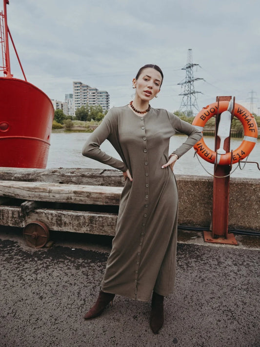 AS AW25 ribbing maxi dress woman fashion V neck comfortable button dress