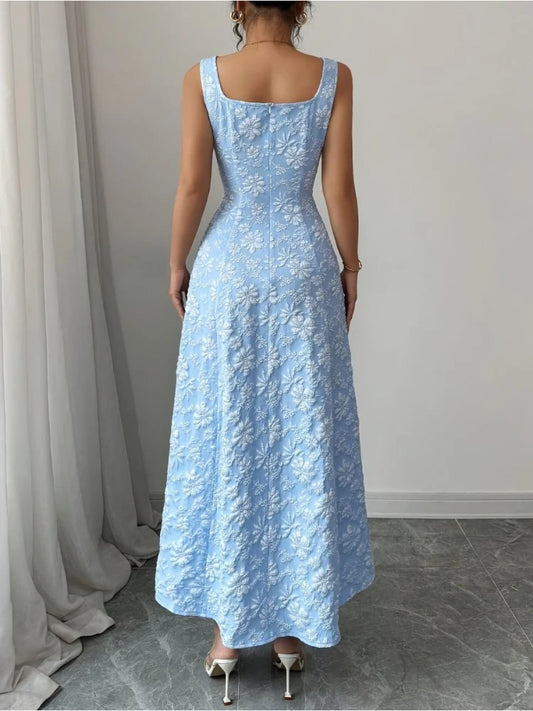 Elegant Vintage Maxi Dress Women 2025 Summer Dopamine Sling Square Neck High Waist Jacquard Chic Long Dress Slim Fit Retro Style