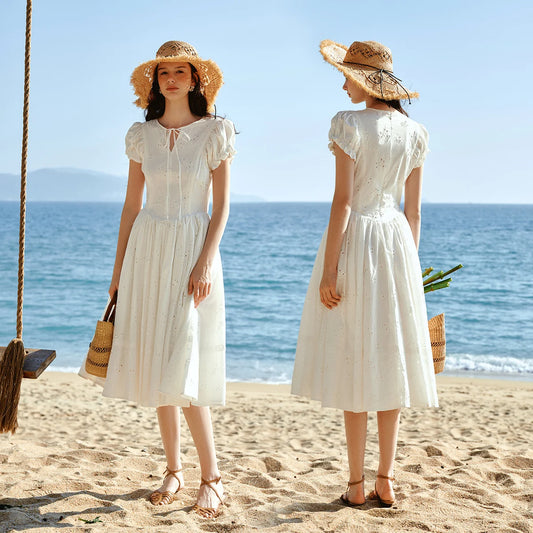 Sweet French White Midi Dress, Summer Embroidery Cotton