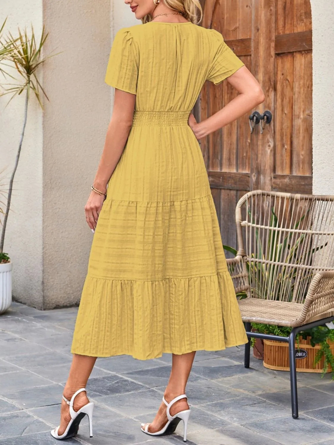 Tiered Notched Short Sleeve Dress