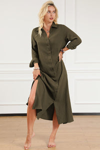 Green Crinkle Button Up Casual Split Shirt Maxi Dress-6