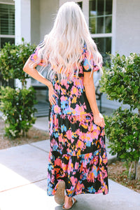 Black Abstract Floral Pattern Flutter Sleeve Tiered Maxi Dress-1