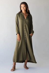 Green Crinkle Button Up Casual Split Shirt Maxi Dress-3