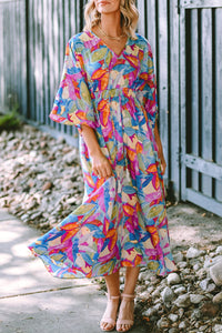 Multicolour Abstract Print High Waist V Neck Maxi Dress-5
