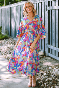 Multicolour Abstract Print High Waist V Neck Maxi Dress-4