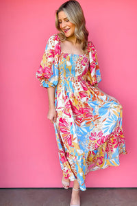 Rose Red Tropical Print Smocked Bodice Puff Sleeve Maxi Dress-5