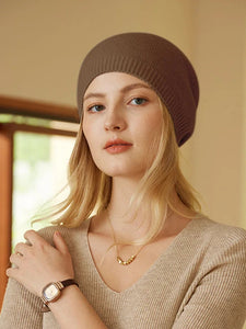 Modestly Yours Natural Taupe 100% Cashmere Beanies Ribbed Hem Women Unibody Caps Knit to Shape Hat Autumn Winter Basic Real Cashmere Warm Hair Bonnet 2023