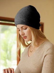 Modestly Yours Dark Grey 100% Cashmere Beanies Ribbed Hem Women Unibody Caps Knit to Shape Hat Autumn Winter Basic Real Cashmere Warm Hair Bonnet 2023