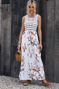 White Striped Floral Print Sleeveless Maxi Dress with Pocket-13