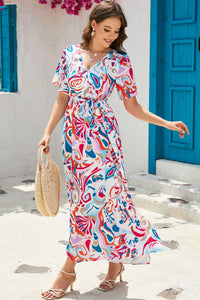 DropshipClothes 20% Off Multicolor Abstract Printed Wrap V Neck Belted Maxi Dress