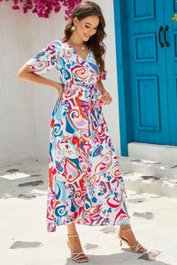 DropshipClothes 20% Off Multicolor Abstract Printed Wrap V Neck Belted Maxi Dress