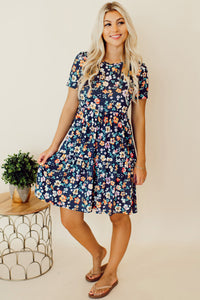 Blue Short Sleeve A-line Floral Dress-3