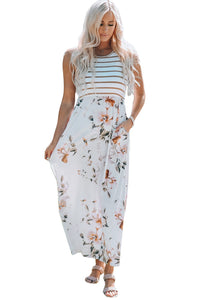 White Striped Floral Print Sleeveless Maxi Dress with Pocket-22