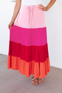 DropshipClothes 30% OFF Pink Color Block Tiered Drawstring High Waist Maxi Skirt