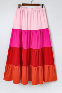 DropshipClothes 30% OFF Pink Color Block Tiered Drawstring High Waist Maxi Skirt