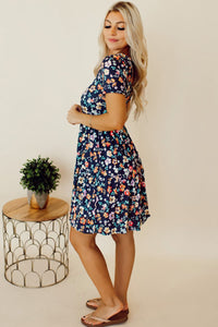 Blue Short Sleeve A-line Floral Dress-1