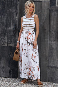 White Striped Floral Print Sleeveless Maxi Dress with Pocket-10