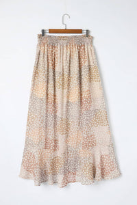 Apricot Boho Flower Print Smocked Waist Button Slit Maxi Skirt-13