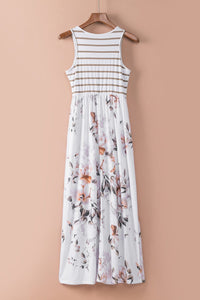 White Striped Floral Print Sleeveless Maxi Dress with Pocket-15
