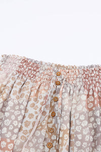 Apricot Boho Flower Print Smocked Waist Button Slit Maxi Skirt-14