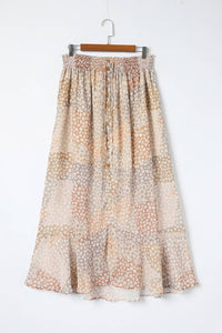 Apricot Boho Flower Print Smocked Waist Button Slit Maxi Skirt-12