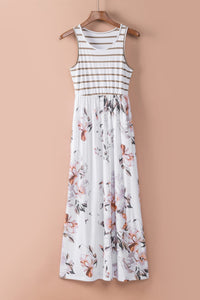 White Striped Floral Print Sleeveless Maxi Dress with Pocket-14