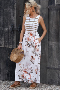 White Striped Floral Print Sleeveless Maxi Dress with Pocket-8
