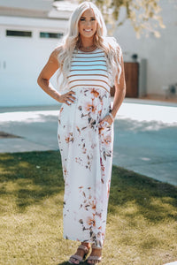 White Striped Floral Print Sleeveless Maxi Dress with Pocket-4