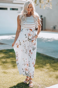 White Striped Floral Print Sleeveless Maxi Dress with Pocket-6
