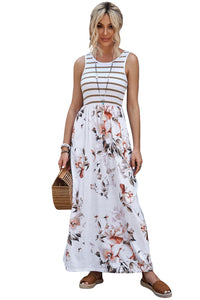 White Striped Floral Print Sleeveless Maxi Dress with Pocket-23