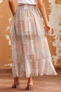 Apricot Boho Flower Print Smocked Waist Button Slit Maxi Skirt-1