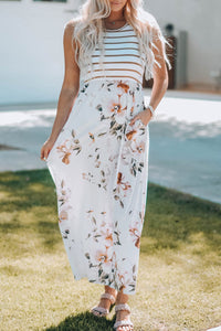 White Striped Floral Print Sleeveless Maxi Dress with Pocket-0