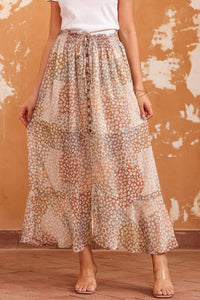 Apricot Boho Flower Print Smocked Waist Button Slit Maxi Skirt-0