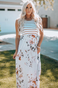 White Striped Floral Print Sleeveless Maxi Dress with Pocket-5