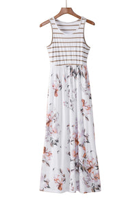 White Striped Floral Print Sleeveless Maxi Dress with Pocket-21