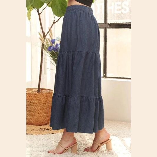 ADORA Waist Band Tiered Denim Maxi Skirt