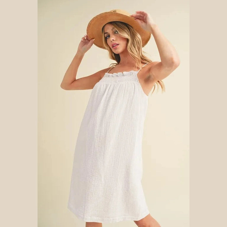 Aemi + Co Embroidered Trim Gauze Square Neck Mini Cami Dress