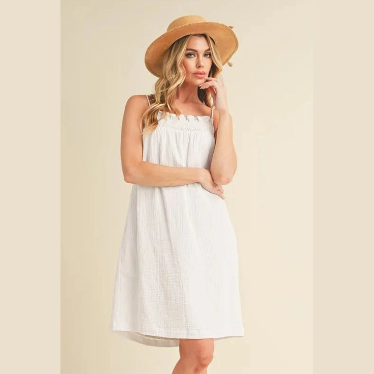 Aemi + Co Embroidered Trim Gauze Square Neck Mini Cami Dress