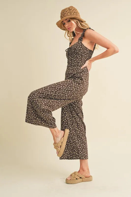 Aemi + Co Floral Sweetheart Neck Wide Leg Jumpsuit