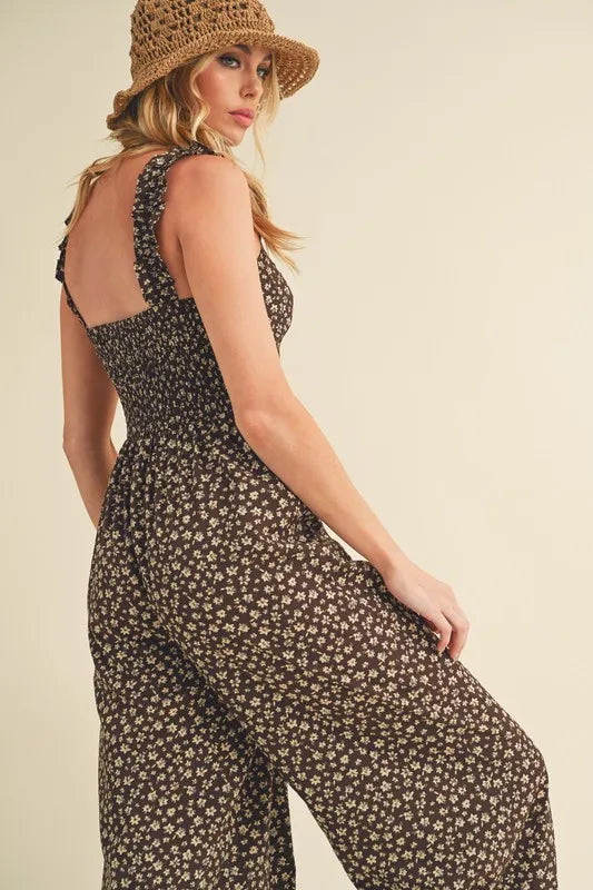 Aemi + Co Floral Sweetheart Neck Wide Leg Jumpsuit