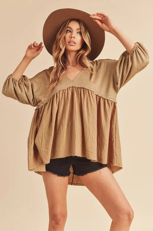 Aemi + Co High-Low Frayed Hem V-Neck Blouse